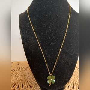 Vintage Gold Plated Sterling 925 Jade And Diamond Clover Pendant With 14 K Chain